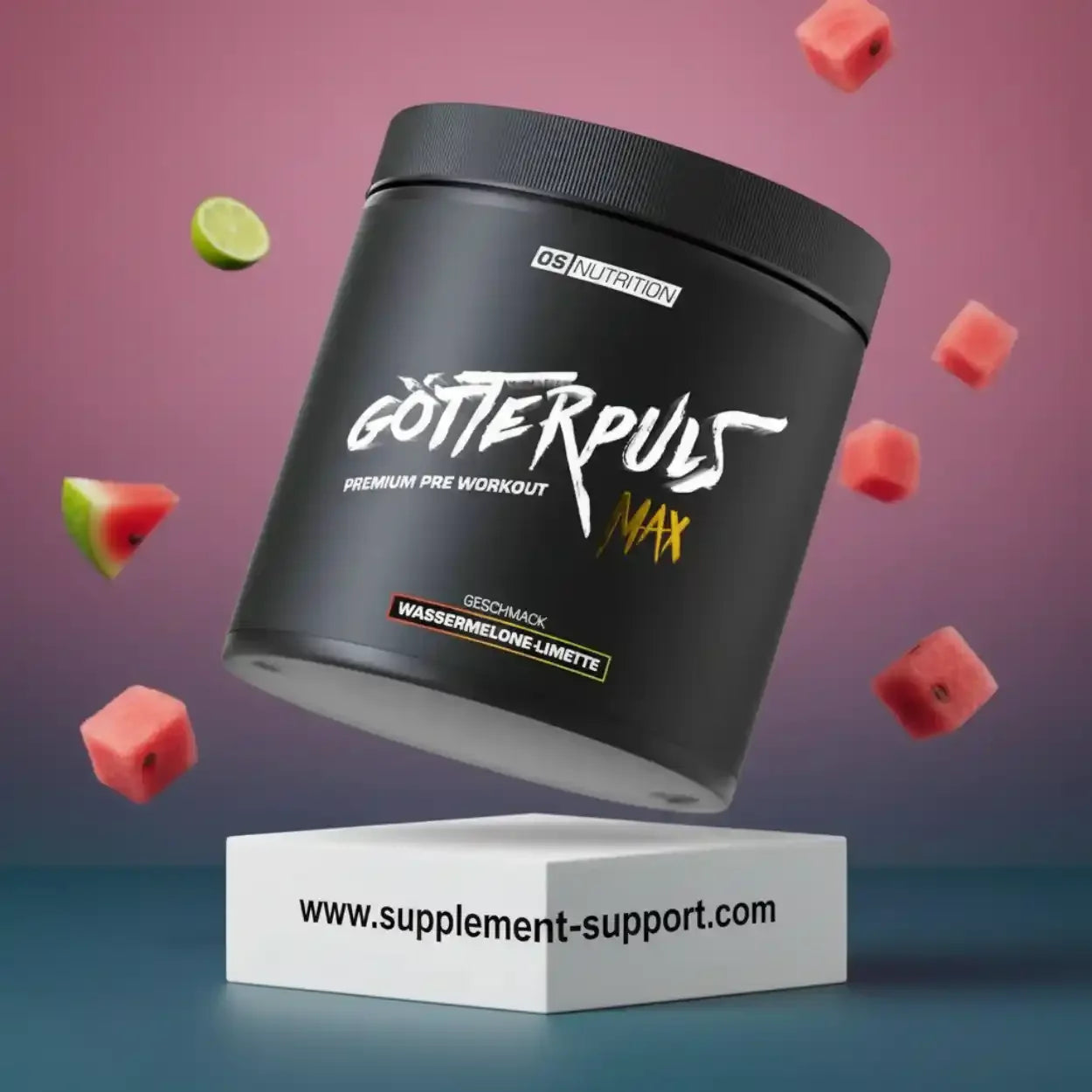 Götterpuls Max Pre Workout Pulver Wassermelone-Limette mit fliegenden Fruchtstücken