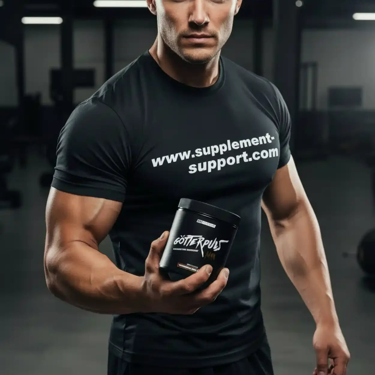 Muskulöser Sportler im Fitnessstudio hält Götterpuls Trainingsbooster Dose in der Hand