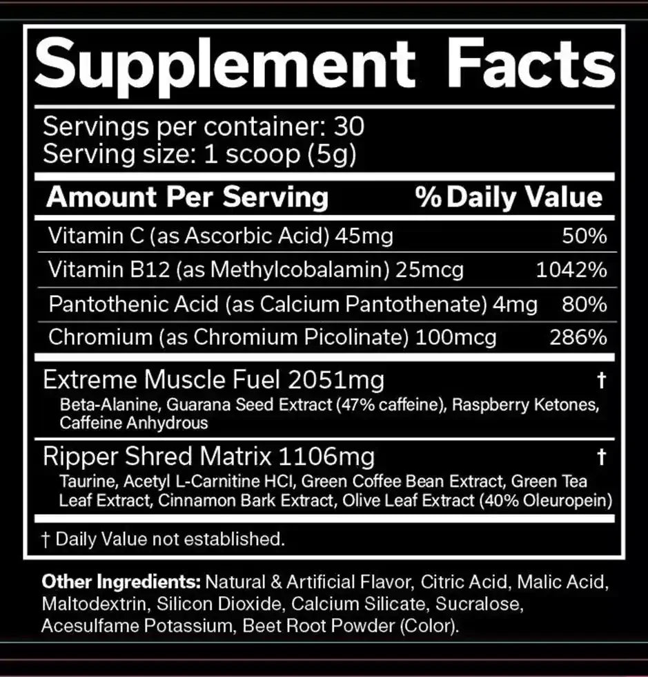 Nahrungsergänzungsmittel Supplement Facts Label mit Vitaminen, Mineralstoffen und Matrix-Blends