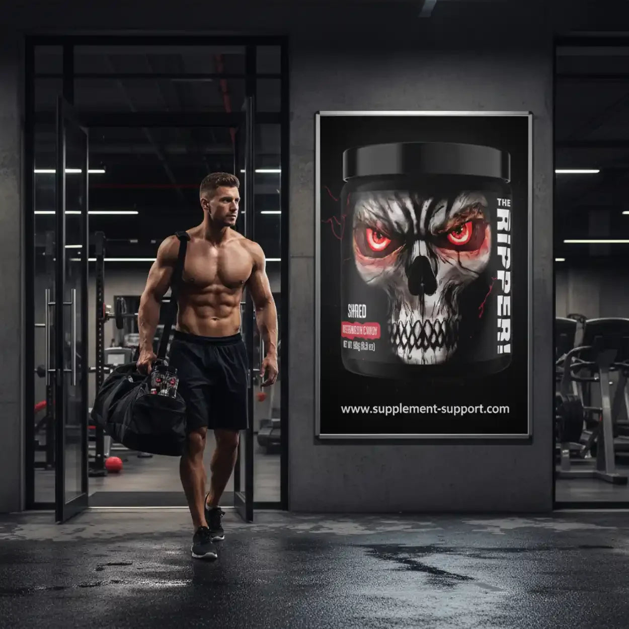 Muskulöser Mann verlässt Fitnessstudio, großes Poster mit Pre-Workout Supplement Dose an der Wand.