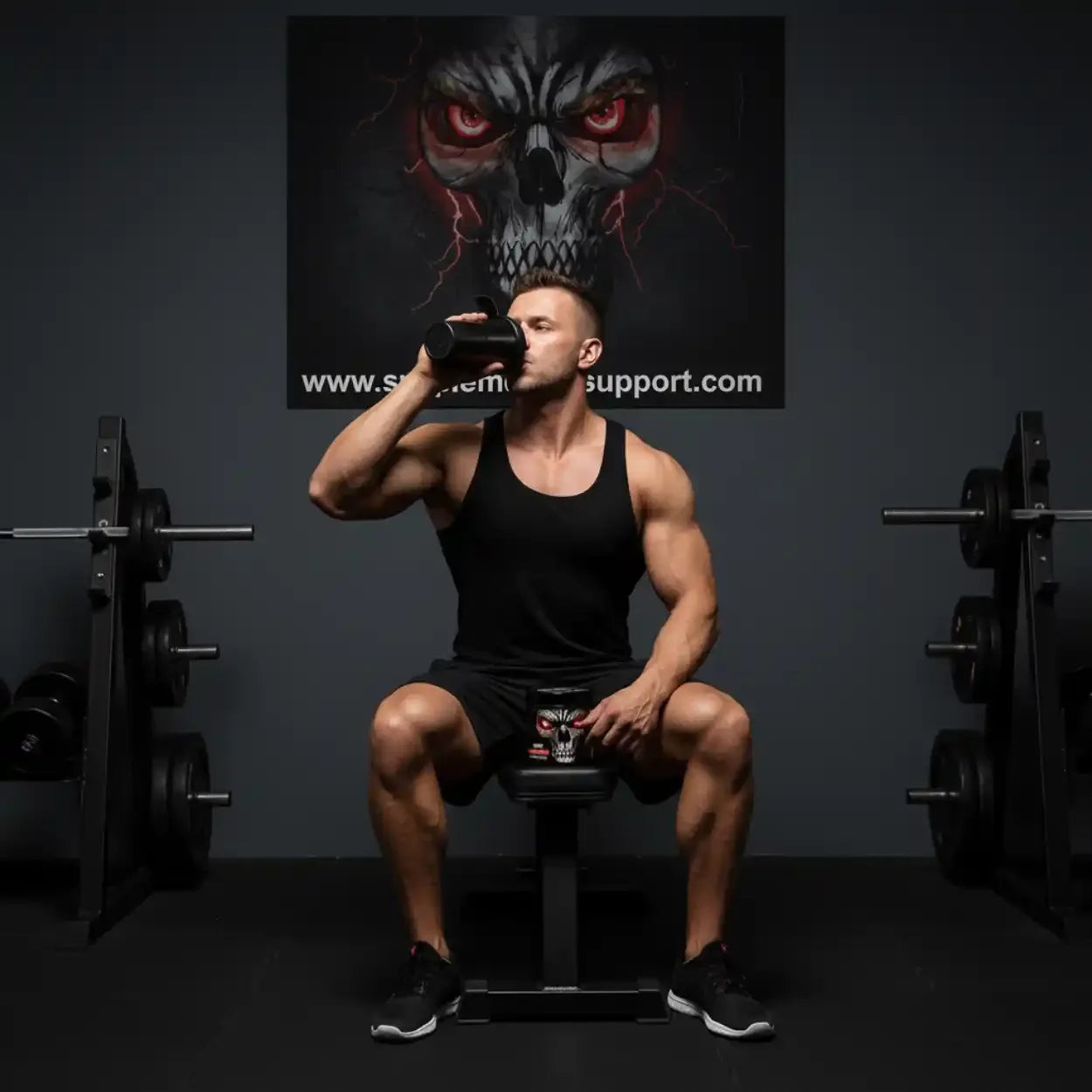 Muskulöser Mann im Fitnessstudio trinkt Sportnahrungsshake, Hanteln im Hintergrund