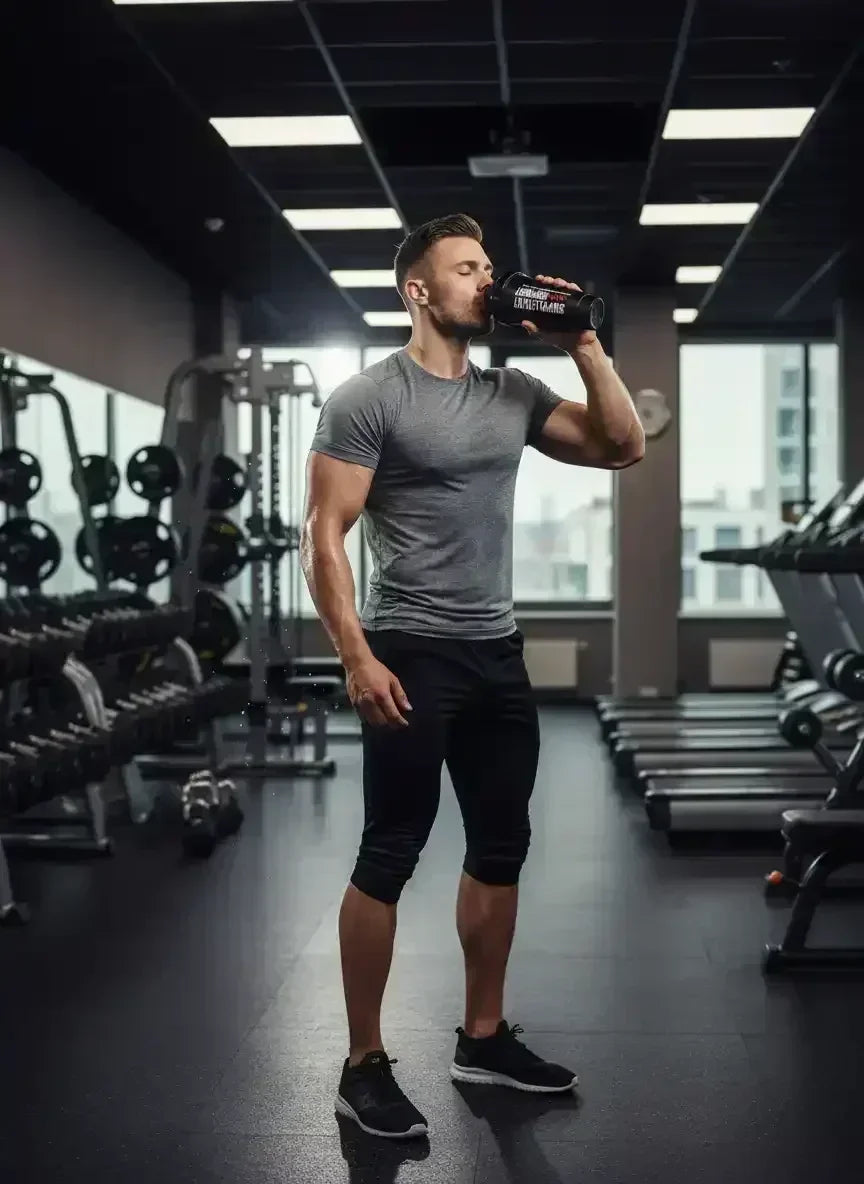 Mann trinkt im Fitnessstudio aus Supplement Support Shaker Pro 700ml, Hanteln im Hintergrund