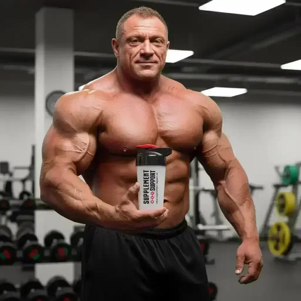 Bodybuilder im Fitnessstudio mit SUPPLEMENT SUPPORT Shaker Pro 700ml, Hantelbereich