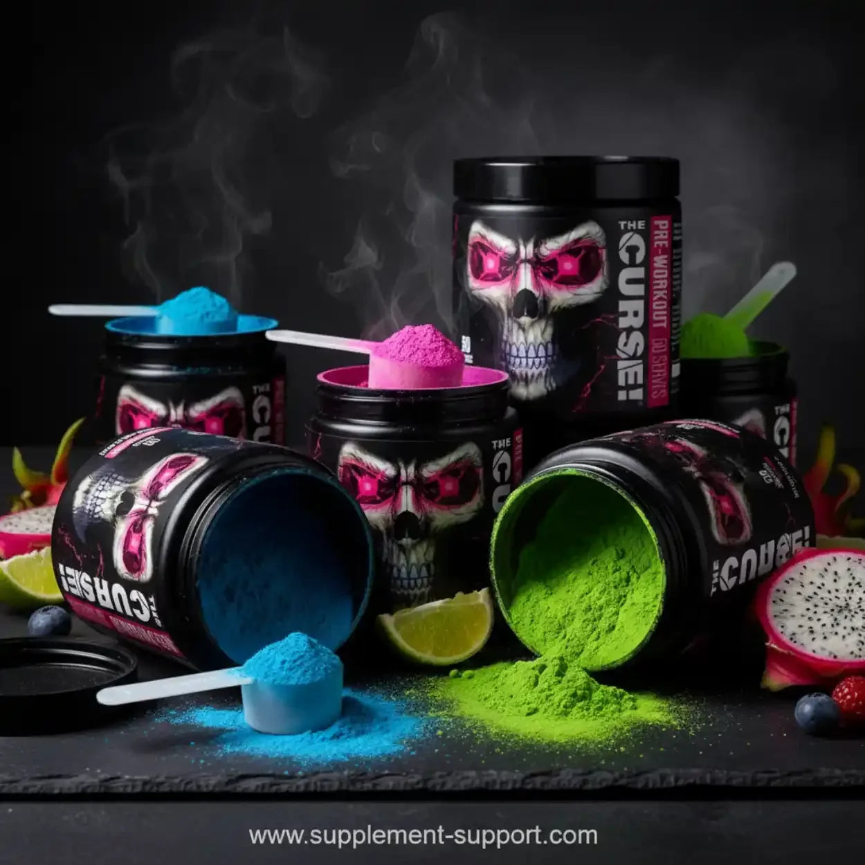 The Curse Pre-Workout Booster mit farbigem Pulver in schwarzen Dosen, Früchte im Vordergrund