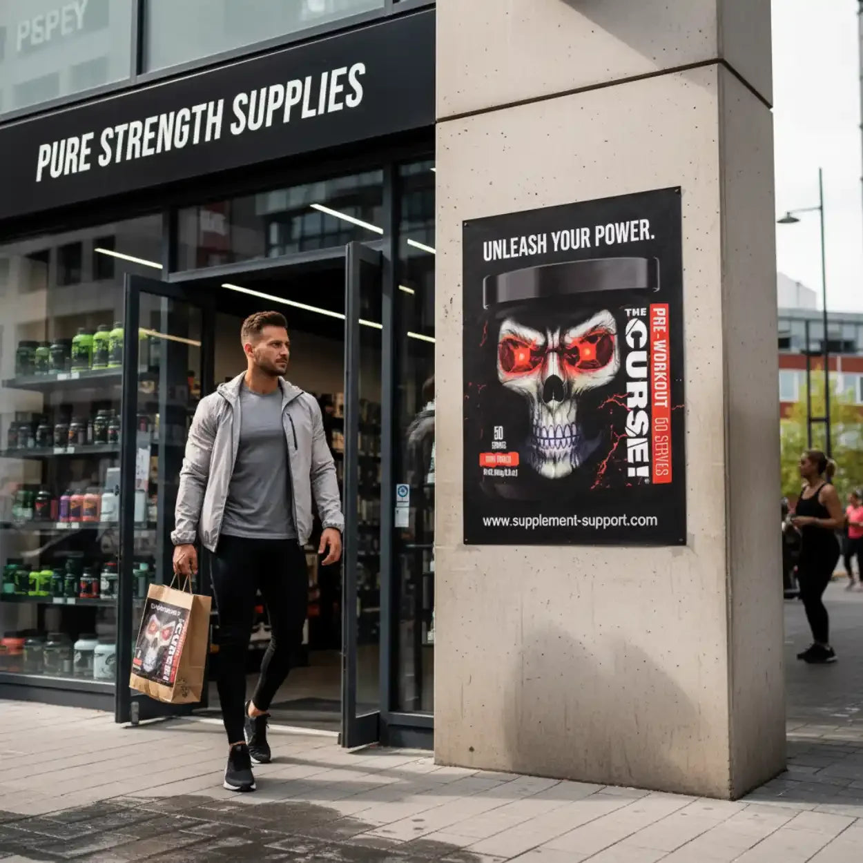 Mann mit Sporttasche verlässt Nahrungsergänzungsmittel-Geschäft, Plakat für Pre-Workout Booster an Wand