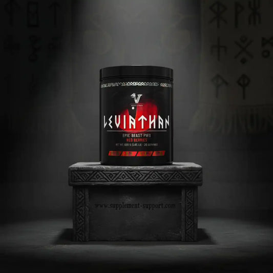 Viking Power Leviathan Pre-Workout Booster Dose auf Podest, Supplement-Support.com, dunkles nordisches Design