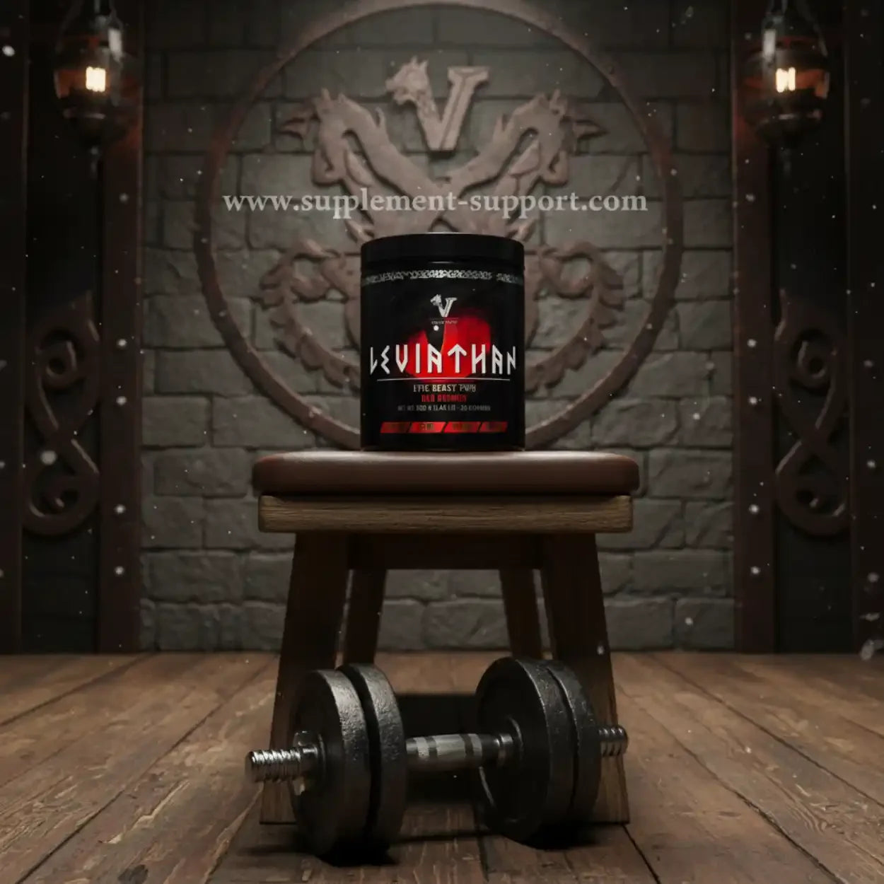 Viking Power Leviathan Pre-Workout auf Hocker mit Kurzhantel, Fitness-Supplement, Supplement-Support.com