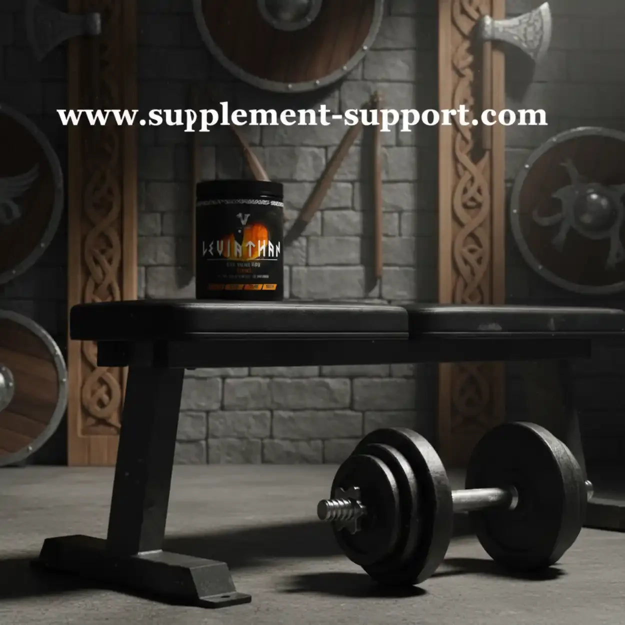 Viking Power Leviathan Pre-Workout auf Hantelbank, Hantel im Fitnessraum, Supplement-Support.com