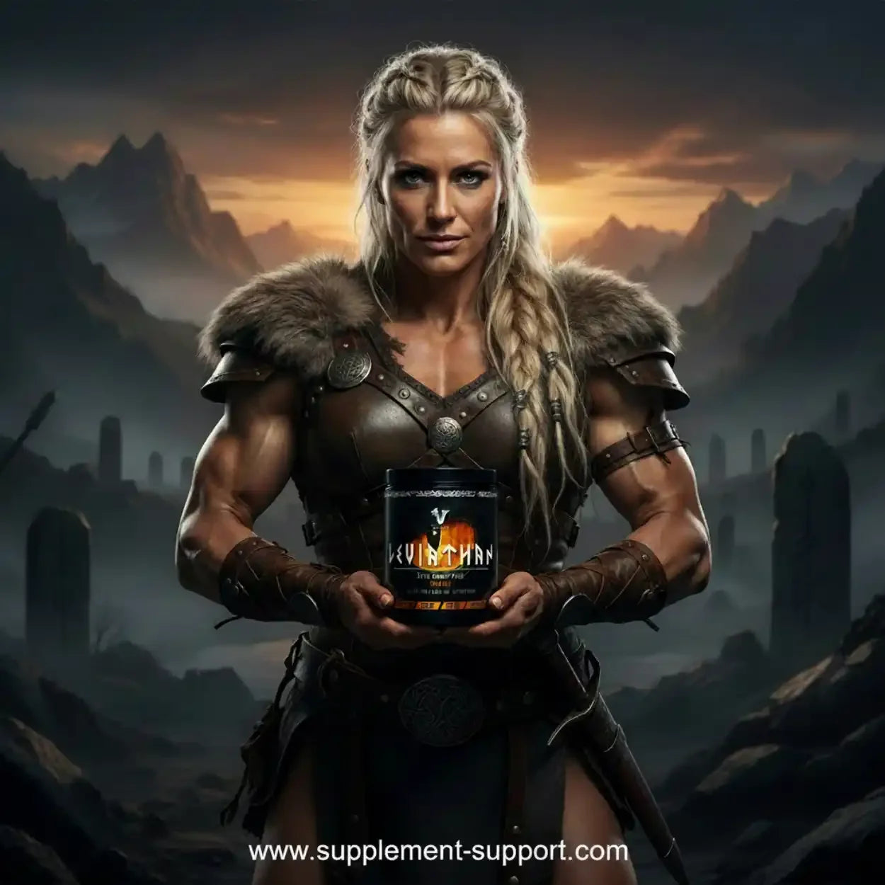 Muskelbepackte Frau im Wikinger-Outfit hält Viking Power Leviathan Hardcore PWO, Naturkulisse, Supplement-Support.com