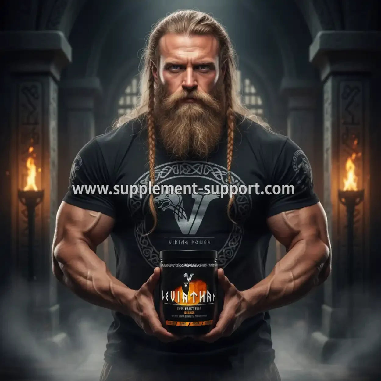 Muskulöser Mann mit Wikinger-Look hält Viking Power Leviathan Hardcore PWO von Supplement-Support.com