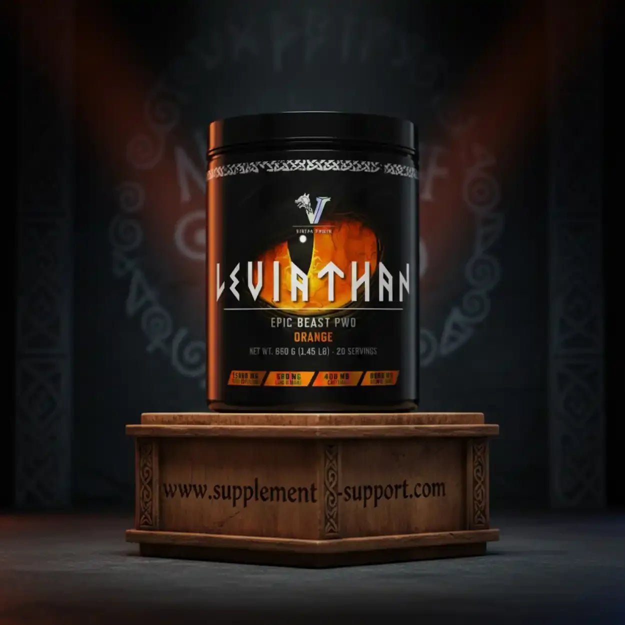 Viking Power Leviathan Hardcore PWO Orange Dose auf Podest, Supplement-Support.com