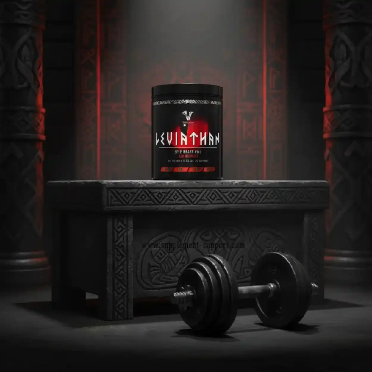Leviathan Pre-Workout Supplement von Viking Power auf Steintisch, Hantel im Vordergrund, Sportnahrung bei Supplement-Support.com
