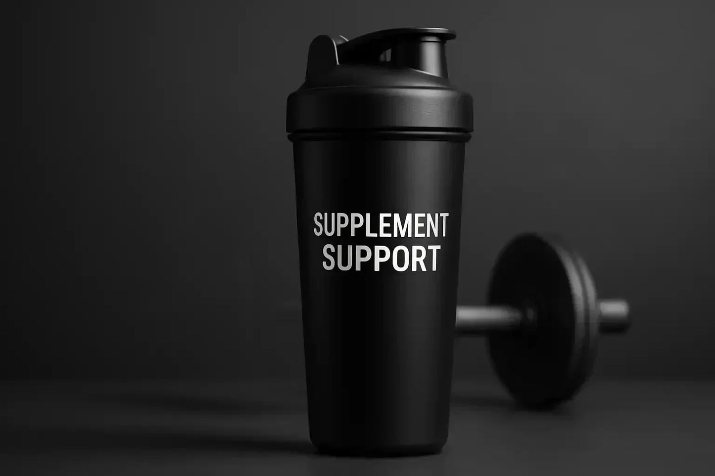Schwarzer Shaker mit Aufdruck 'Supplement Support' vor Hantel, Fitness und Supplemente